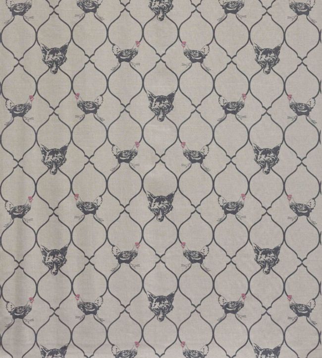 Fox And Hen Fabric by Barneby Gates Charcoal/Pink on Natural