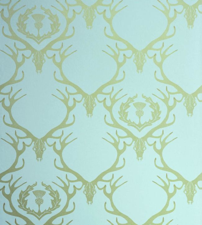 Deer Damask Wallpaper by Barneby Gates Duck Egg Blue and Antique Gold