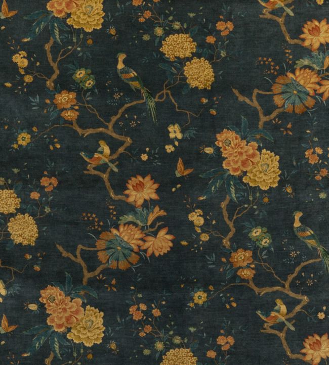 Oriental Bird Velvet Fabric by GP & J Baker Teal