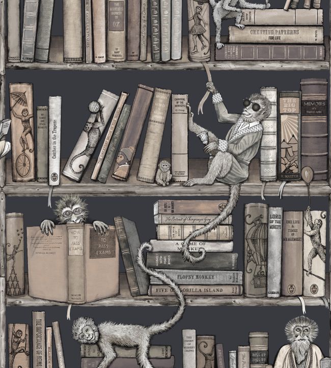Monkey Library Wallpaper in Taupes by Brand McKenzie | Jane Clayton