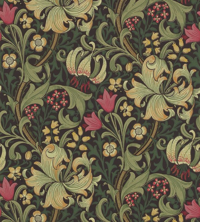 Golden Lily Wallpaper in Charcoal/Olive by Morris & Co | Jane Clayton