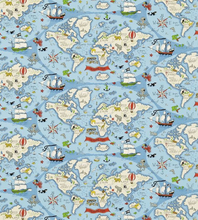 Treasure Map Fabric by Sanderson Sea Blue