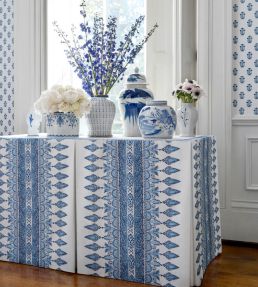 Akola Stripe Fabric by Thibaut Raspberry and Blue on Natural