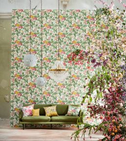 Bamboo & Birds Fabric by Sanderson Scallion Green / Fushia
