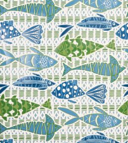 Batik Fish Wallpaper by Thibaut Blue and Green