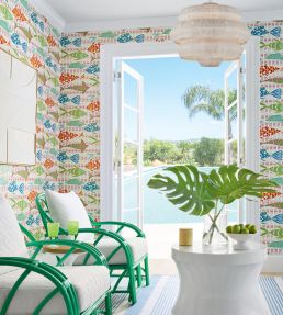 Batik Fish Wallpaper by Thibaut Spa Blue