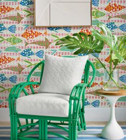 Batik Fish Wallpaper by Thibaut Spa Blue