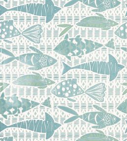 Batik Fish Wallpaper by Thibaut Spa Blue
