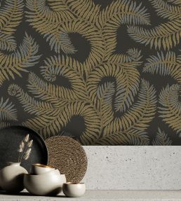 Bombe's Fernery Wallpaper by Josephine Munsey Olive and Dark Grey