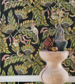 Bush Baby Wallpaper by Cole & Son Spring Green & Orange on Black