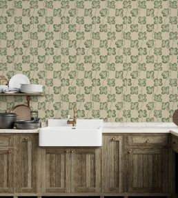 Cabbage Check Wallpaper by Josephine Munsey Brookes Green and Edge Sand