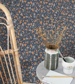 Cherry Wallpaper by Casadeco Bleu Nuit / Orange