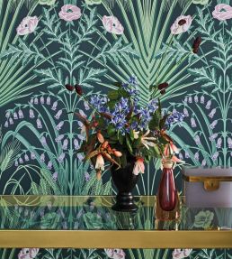 Bluebell Wallpaper by Cole & Son Sage, Mint & Lilac on Charcoal