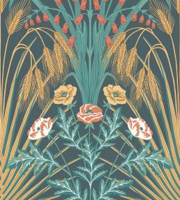 Bluebell Wallpaper by Cole & Son Teal, Gold & Coral on Petrol