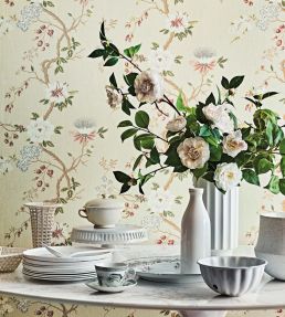 Camellia Wallpaper by Cole & Son Coral & Sage on Buttercup