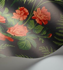Rose Wallpaper by Cole & Son Red & Leaf Green on Charcoal
