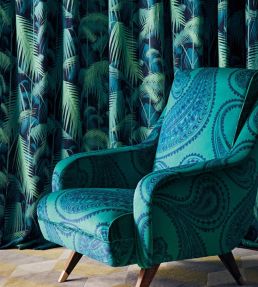 Palm Jungle Fabric by Cole & Son Viridian, Petrol on Black