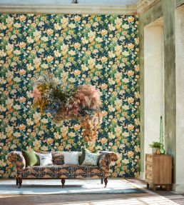 Emperor Peony Wallpaper by Sanderson Midnight / Apricot