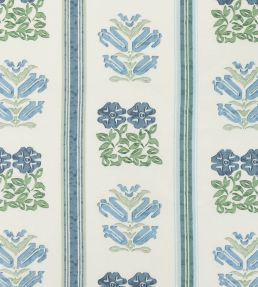 Folkloric Floral Stripe Fabric by Volga Linen Delft Blue/Oyster