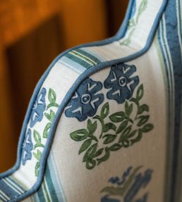 Folkloric Floral Stripe Fabric by Volga Linen Delft Blue/Oyster