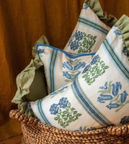 Folkloric Floral Stripe Fabric by Volga Linen Delft Blue/Oyster