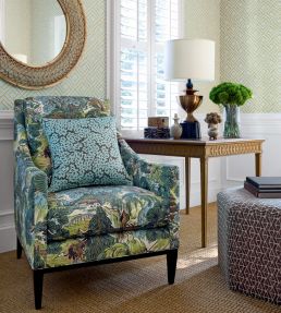 Pagoda Trees Fabric by Thibaut Pink and Green