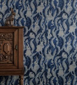 Hares In Hiding Wallpaper by Langelid Von Bromssen Dark Denim