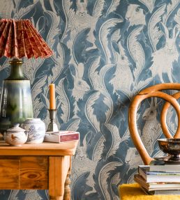 Hares In Hiding Wallpaper by Langelid Von Bromssen Smokey Blue