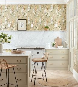 Hollyhocks Wallpaper by Sanderson Fire Pink/Bright Blue
