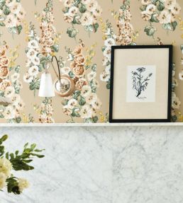 Hollyhocks Wallpaper by Sanderson Fire Pink/Bright Blue