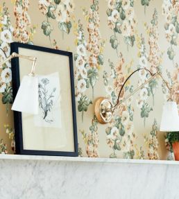 Hollyhocks Wallpaper by Sanderson Fire Pink/Bright Blue