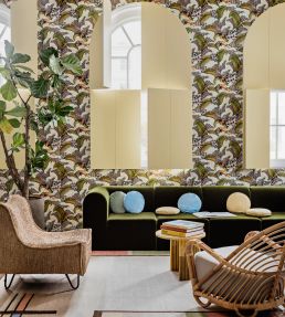Hoopoe Leaves Wallpaper by Cole & Son Spring Green Chartreuse & Coral on Forest