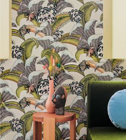 Hoopoe Leaves Wallpaper by Cole & Son Spring Green Chartreuse & Coral on Forest
