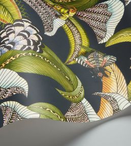 Hoopoe Leaves Wallpaper by Cole & Son Olive Green Chartreuse & Fuchsia on Black