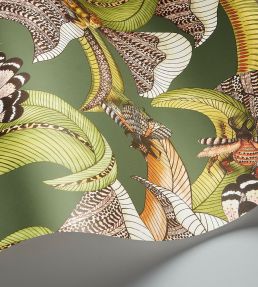 Hoopoe Leaves Wallpaper by Cole & Son Spring Green Chartreuse & Coral on Forest