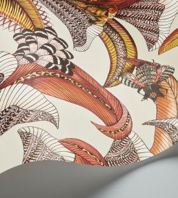 Hoopoe Leaves Wallpaper by Cole & Son Crimson Canary Yellow & Fuchsia on Stone
