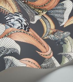 Hoopoe Leaves Wallpaper by Cole & Son Terracotta Ochre & Ice Blue on Charcoal