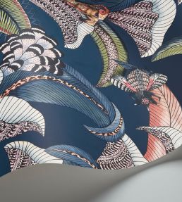 Hoopoe Leaves Wallpaper by Cole & Son Denim Forest Green & Magenta on Midnight