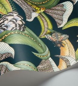 Hoopoe Leaves Wallpaper by Cole & Son Forest Green Lime & Fuchsia on Dark Virdian
