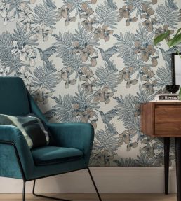 Hummingbird Wallpaper by 1838 Wallcoverings Lagoon