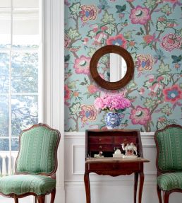 Indienne Jacobean Wallpaper by Thibaut Seaglass and Gold