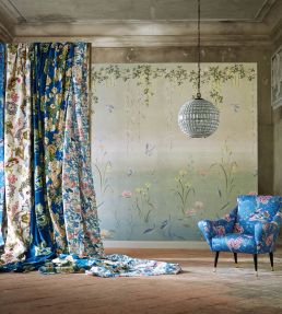 Indienne Peacock Satin Fabric by Sanderson Blueberry