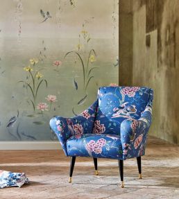 Indienne Peacock Satin Fabric by Sanderson Blueberry