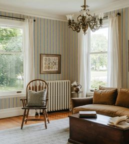 Kemble Stripe Wallpaper by Josephine Munsey Chute Blue, Shell and Cliffwell Stone