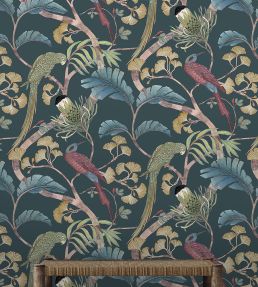 Living Branches Wallpaper by Josephine Munsey Dark Teal, Yellow and Olive