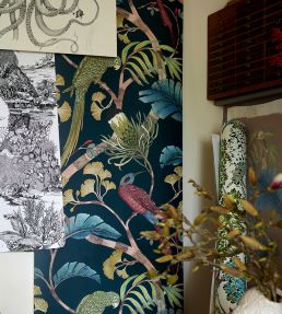 Living Branches Wallpaper by Josephine Munsey Dark Teal, Yellow and Olive