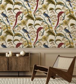 Living Branches Wallpaper by Josephine Munsey Red Turquoise and Ecru