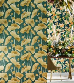 Lotus Leaf Metallic Wallpaper by Sanderson Midnight / Copper