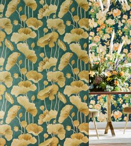 Lotus Leaf Metallic Wallpaper by Sanderson Midnight / Copper