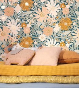 Marguerite Wallpaper by Caselio Bleu nuit rose